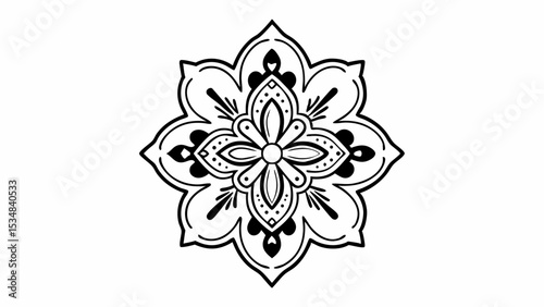 Detailed symmetrical floral design with intricate petal and leaf patterns in black and white art form created with generated ai