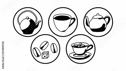 Illustration of tea and coffee related icons arranged in a circular pattern on a white background created with generated ai