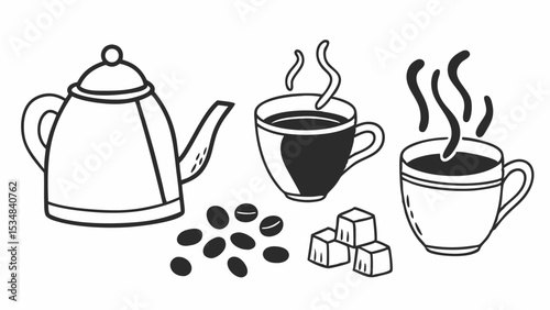 Illustration of a teapot, coffee beans, sugar cubes, and two steaming cups of coffee in black and white created with generated ai