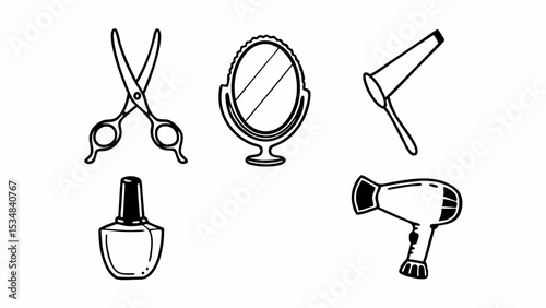 Illustration of beauty salon tools including scissors mirror nail polish and hair dryer in black outline created with generated ai