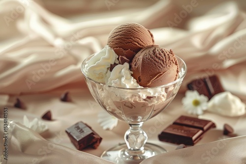 Clear Pixel Visual of a Glass Dish with Chocolate and Vanilla Ice Cream on it