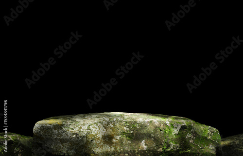 Stone podium on dark black background.