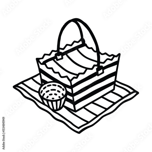 Beach picnic blanket spread with wicker basket Line Art Vector illustration