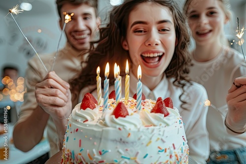 Premium Quality Image of Front View People Celebrating with Cake