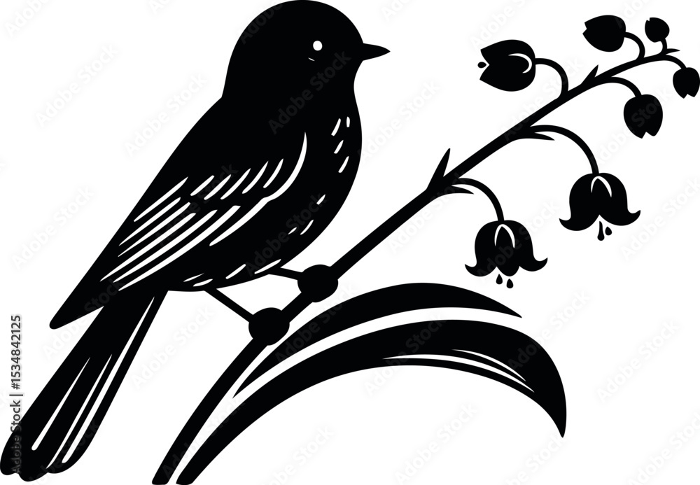 Fototapeta premium Small bird perched peacefully on a blooming Lily of the Valley stem outdoors 