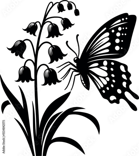 Beautiful butterfly resting softly on a blooming Lily of the Valley bell blossom
