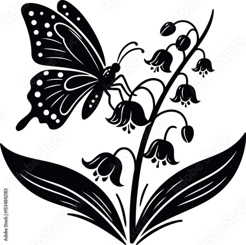 Vibrant butterfly landing on a tiny Lily of the Valley bell in sunlight
