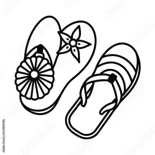 Beach sandals surrounded by scattered seashells Line Art Vector illustration