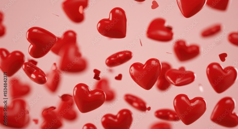 Red hearts falling against a pink background, creating a romantic and festive atmosphere Red hearts falling against a pink background, creating a romantic and festive atmosphere