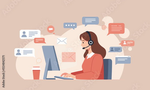 A collection of modern flat design illustrations depicting women working from home or remotely, social media, and digital tasks. Ideal for online business, freelance, and digital communication themes.