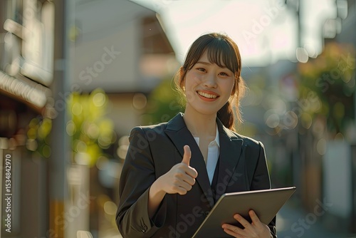Cheerful Confident Japanese Millennial Lady in Suit with Tablet Make Thumb Up Gesture