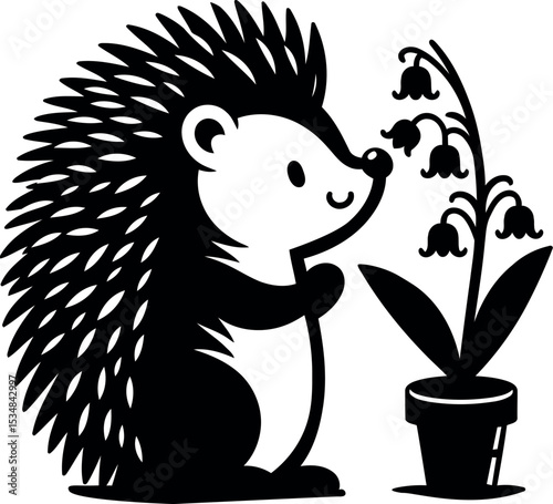 Hedgehog gently exploring a Lily of the Valley bloom on a quiet spring morning
