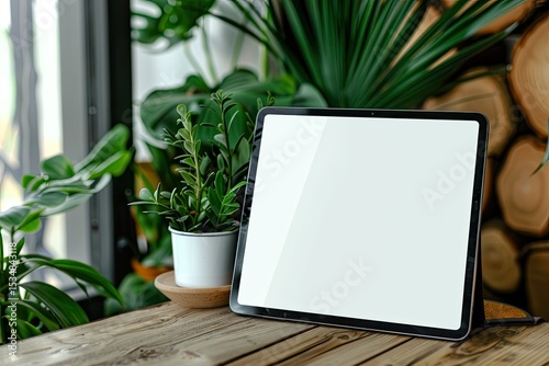 blank notebook and green plant