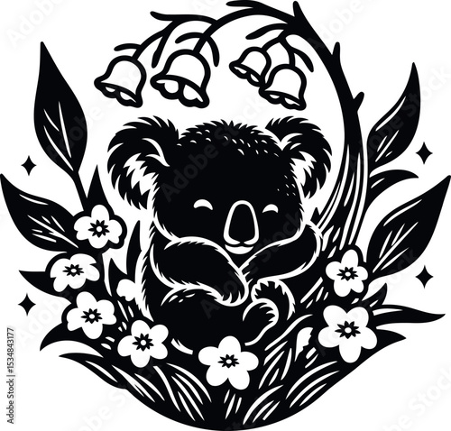 Sleepy koala nestled in high branches overlooking a bed of Lily of the Valley