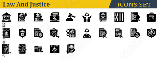 Law And Justice Icon Set. Containing Corporate Laws,Courthouse,Health Law,International Law,Investigation,Jail,Justice,Law Book,Legal,Legitimacy,Stamp,Transcription. Outline Style