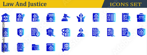 Law And Justice Icon Set. Containing Corporate Laws,Courthouse,Health Law,International Law,Investigation,Jail,Justice,Law Book,Legal,Legitimacy,Stamp,Transcription. Outline Style