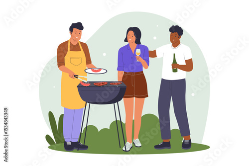 Friends Enjoying Backyard Barbecue Party Illustration. Illustrations for websites, landing pages, mobile apps, posters and banners