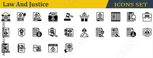 Law And Justice Icon Set. Containing Corporate Laws,Courthouse,Health Law,International Law,Investigation,Jail,Justice,Law Book,Legal,Legitimacy,Stamp,Transcription. Outline Style