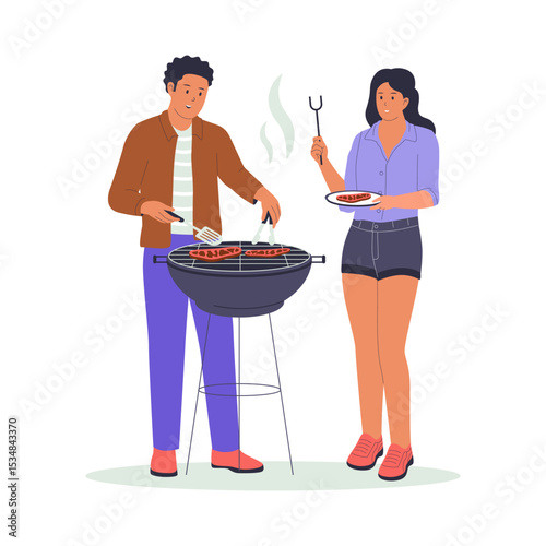 Couple Enjoying Outdoor Barbecue Flat Illustration. Illustrations for websites, landing pages, mobile apps, posters and banners