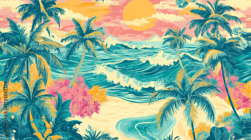 Vibrant tropical colors and textures are combined with vintage charm in this artistic, Scenario of a beautiful sunny beach with palm tree, ocean waves in watercolor beach.