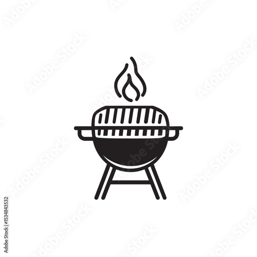 Minimalist Black and White Grill Icon with Flames for Outdoor Cooking Design