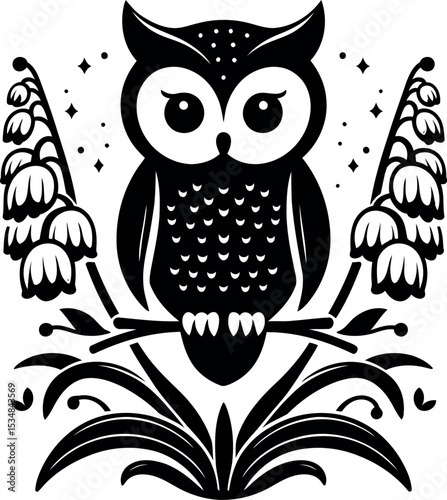Majestic owl overlooking a field of Lily of the Valley blossoms, ideal for fantasy nature art
