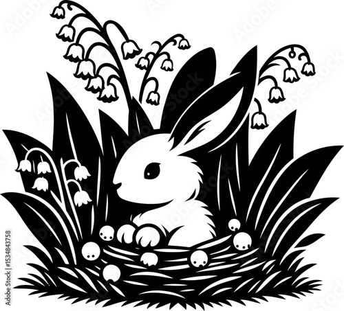 Cozy rabbit nestled peacefully under fragrant Lily of the Valley bushes in a green meadow
