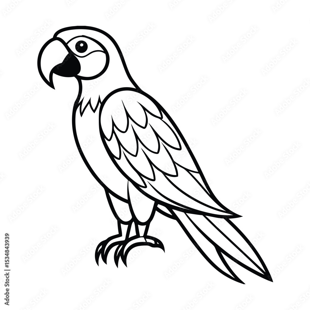 Fototapeta premium Colorful macaw parrot perched calmly Line Art Vector illustration