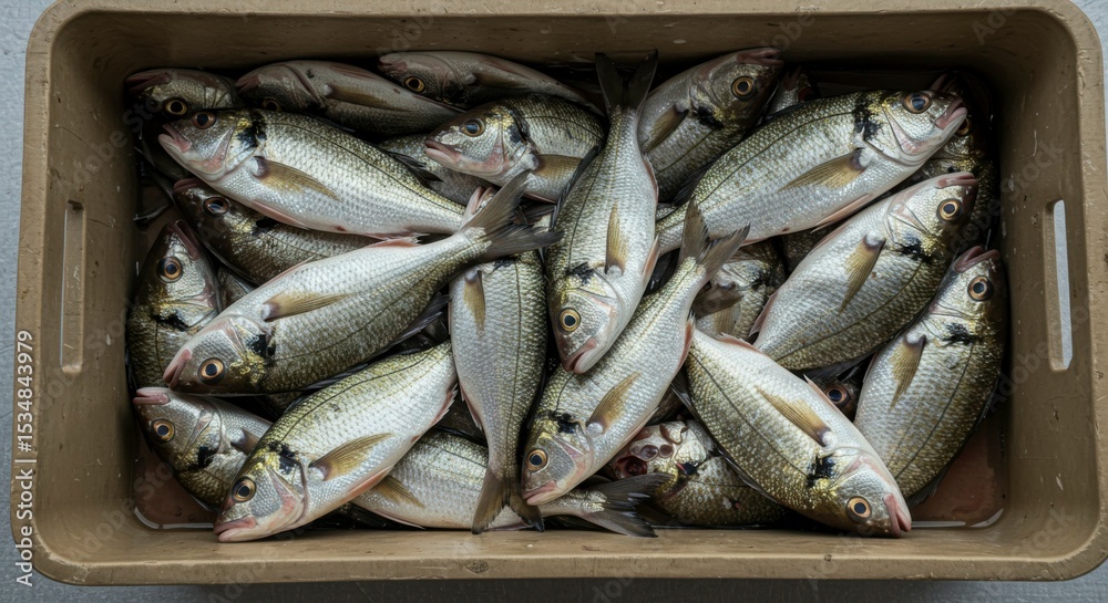 A crate brimming with freshly caught, silvery fish, their scales gleaming under the light A crate brimming with freshly caught, silvery fish, their scales gleaming under the light