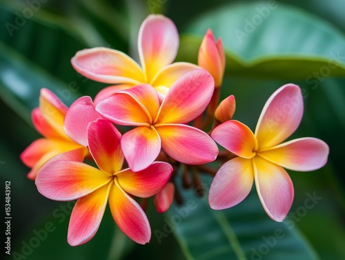 Frangipani flowers in a tropical garden, vibrant and exotic