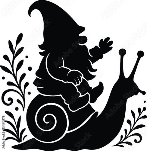 A silhouette of a gnome riding a snail with decorative leaves and dots vector illustration