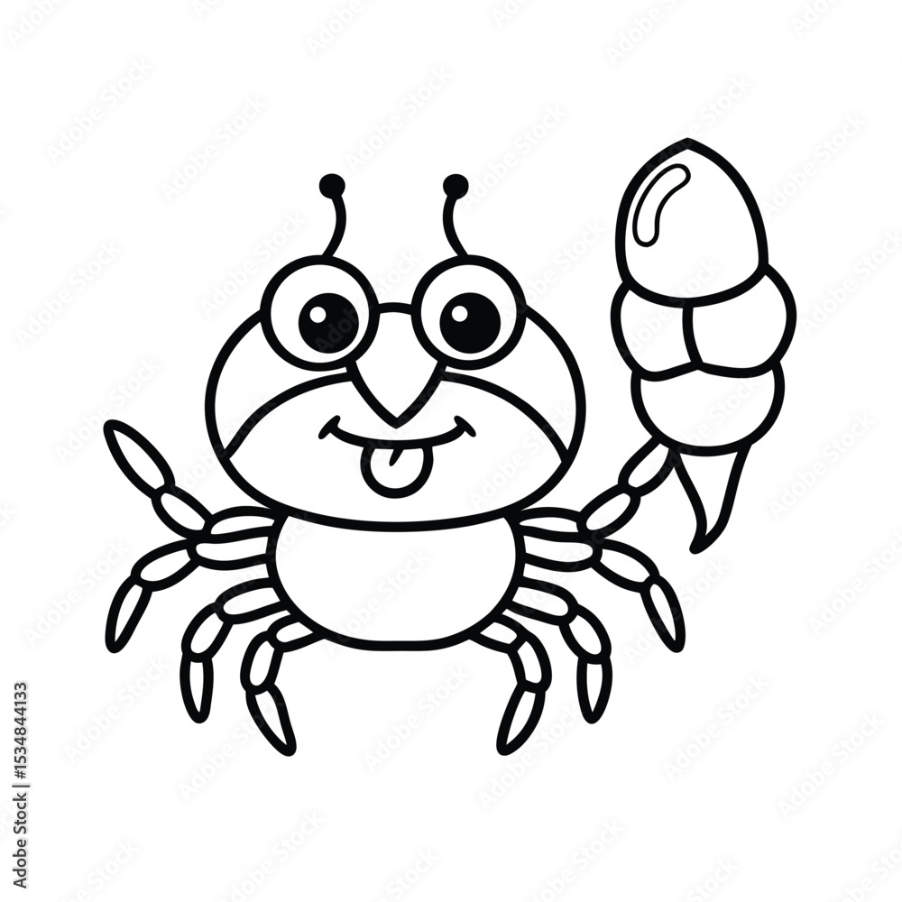 Obraz premium Cute crab holding ice cream with joy Line Art Vector illustration