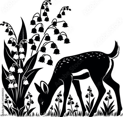 Graceful deer peacefully grazing near a lush patch of blooming Lily of the Valley
