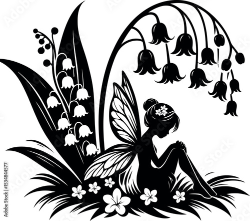 Enchanting fairy taking a quiet rest under a graceful Lily of the Valley bell