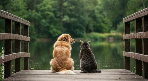 A dog and cat sit side-by-side on a wooden dock overlooking a serene lake, surrounded by lush greenery