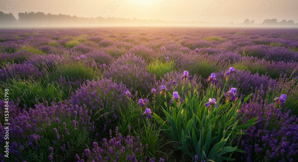 Naklejka premium Serene sunrise over a vast lavender field, punctuated by vibrant purple irises amidst the morning mist