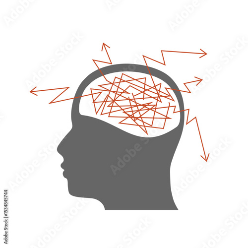 Chaotic thinking process. Arrow lines from human head. Business solution, possible idea variant, various flexible. What If problem solving ways