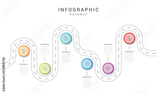Infographic roadmap design template. Business Timeline of 6 Important Business Events annual business presentation. Vector illustration