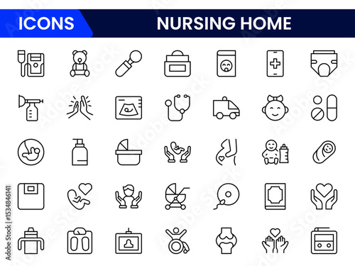 Compassionate vector web line icons depicting nursing home care, elderly support, healthcare, comfort, and community for senior living.
