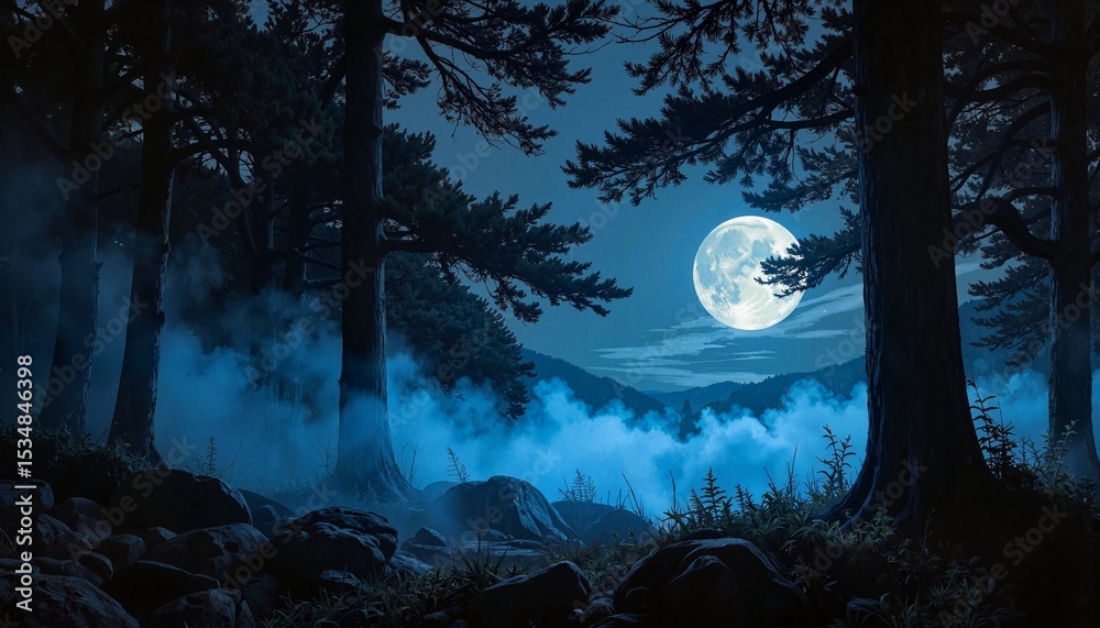 Naklejka premium Enchanted forest with glowing fireflies at night in lush greenery 