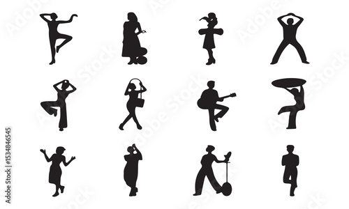 A collection of black silhouette figures depicting various activities vector art on white