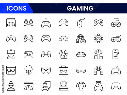 Vibrant vector web line icons showcasing gaming, controllers, virtual worlds, e-sports, and immersive digital entertainment experiences.