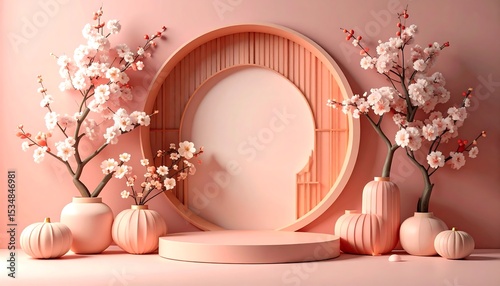 Elegant Pink Blossom Spring Scene Product Display Podium with Asian-Inspired Design