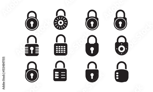 Collection of Different Types of Locks Icons, a set of black and white lock icons, depicting various types of locks, from traditional keyed locks to combination and digital locks vector art on white