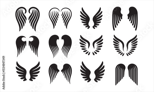 Set of Various Black and White Angel Wing Designs, a collection of diverse angel wing silhouettes in a simple, clean design vector art on white