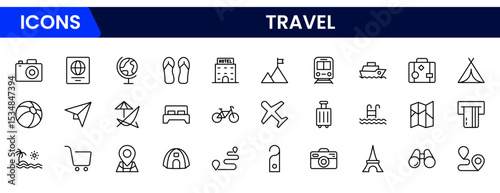 Streamlined vector web line icons depicting travel booking, flights, hotels, itineraries, and seamless online reservation experiences for adventurers.