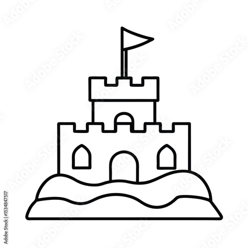 Sandcastle decorated with fluttering flag Line Art Vector illustration