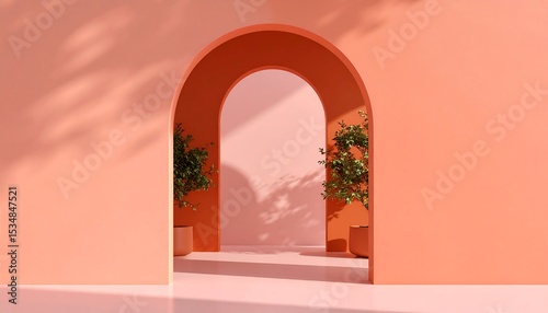 Modern Architectural Archway with Plants Coral Pink Minimalist Design