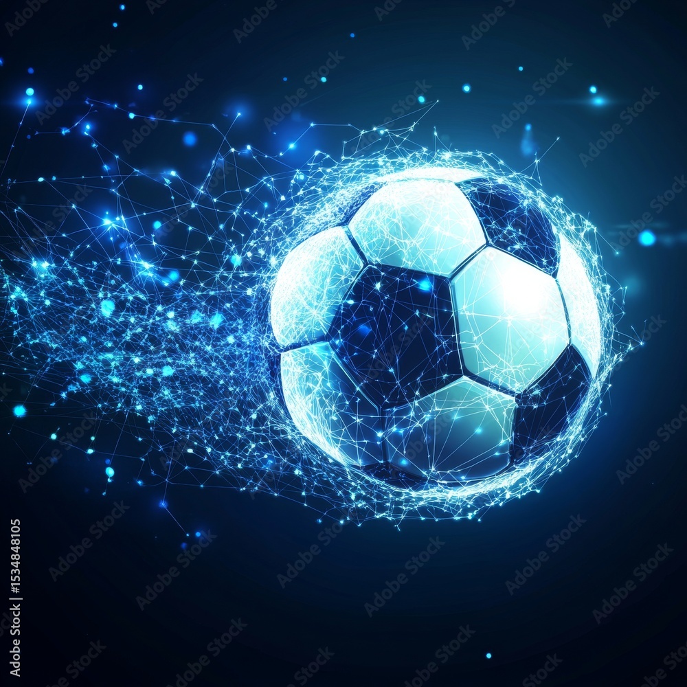 Naklejka premium Glowing Soccer Ball Surrounded by Blue Light Particles