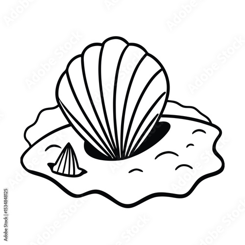 Seashell collection resting on sand patch Line Art Vector illustration